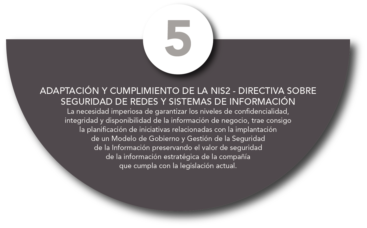 Punto 5 ADAPTACIÓN Y CUMPLIMIENTO DE LA NIS2 - DIRECTIVA SOBRE SEGURIDAD Y SISTEMAS DE INFORMACIÓN.<br />
La necesidad imperiosa de garantizar los niveles de confidencialidad, integridad y disponibilidad de la información de negocio, trae consigo la planificación de iniciativas relacionadas con la implantación de un Modelo de Gobierno y Gestión de la Seguridad de la Información preservando el valor de seguridad de la información estratégica de la compañía que cumpla con la legislación actual.